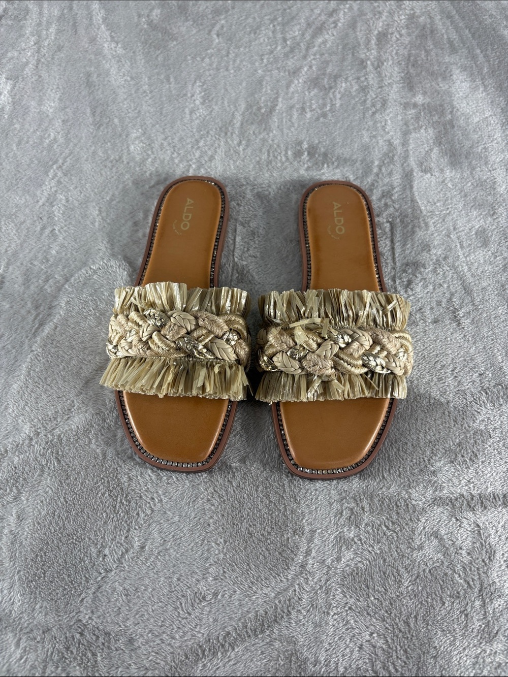 ALDO Women’s Rattana braided  Fringe Slide Sandals in Tan/Beige size 9